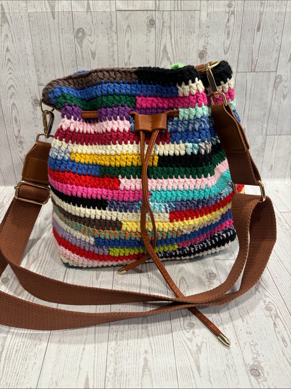 Handcrafted Multicolor Crochet Crossbody Bag with Brown Strap